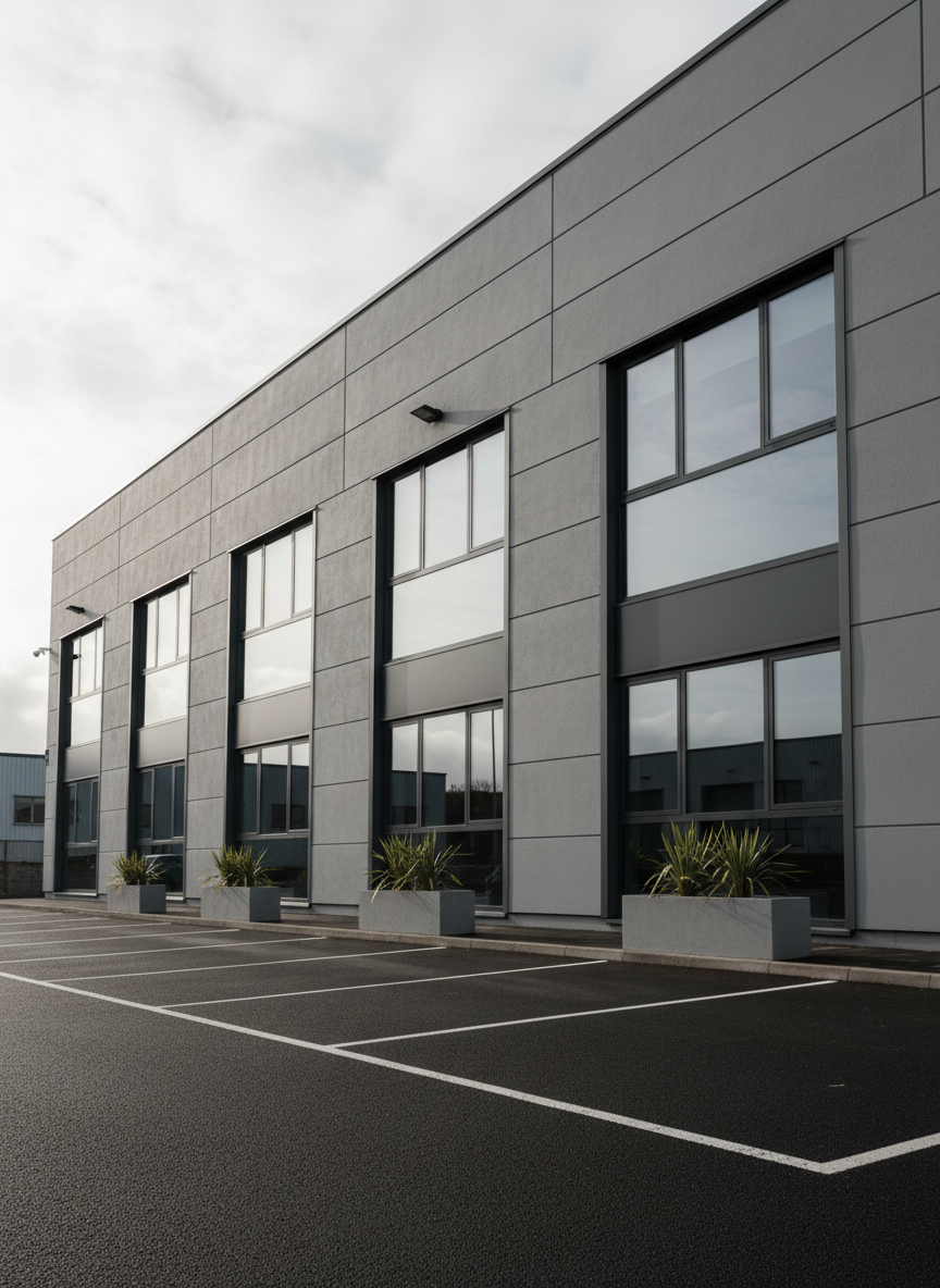 A modern commercial building façade in Ireland finished entirely in Andura protective coating, showcasing a uniform mid-grey tone with darker charcoal accents around large, reflective windows. The building sits along a clean, paved forecourt with neatly painted parking lines and low, minimalist planters. Late afternoon natural light casts long, soft shadows that emphasize the clean architectural lines and consistent wall finish. Captured from a low, wide-angle perspective to suggest scale and robustness, with sharp focus across the frame. The sky is overcast but bright, lending a neutral, professional atmosphere. The photographic style is crisp and modern, emphasizing reliability, weather protection, and a high-quality, corporate-ready appearance.