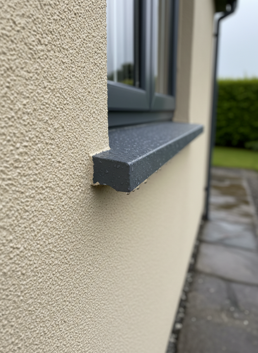 A detailed close-up of an exterior Irish cottage wall finished with Andura textured coating in a light sandstone shade. The render shows fine, consistent granules and a robust, weatherproof surface, with crisp edges around a dark grey window frame and sill. Tiny beads of water sit on the coating, demonstrating its water-resistant properties. The wall is set against a softly blurred background of green hedging and a stone path. Captured in bright but diffused daytime light after a light rain shower, with subtle reflections on the water droplets and gentle shadows beneath the sill. The composition is slightly angled, with shallow depth of field, conveying durability, quality craftsmanship, and a professional, clean aesthetic in photographic realism.