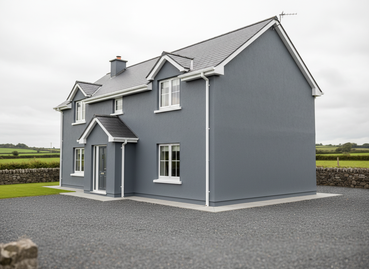 A freshly coated residential home exterior in Ireland, featuring smooth, weatherproof Andura protective coatings in a rich slate grey with crisp white trim. The textured render walls appear flawlessly uniform and slightly satin, repelling imaginary rain. Surrounding the house is a tidy gravel driveway, low stone boundary walls, and distant rolling green fields out of focus. Captured in soft overcast daylight typical of Irish weather, with diffused light revealing the coating’s even finish and subtle sheen. Shot at eye level from a three-quarter angle to showcase both front and side elevations, with sharp focus on the rendered surfaces and a gentle bokeh on the background. The photographic realism emphasizes durability, professionalism, and long-term protection.