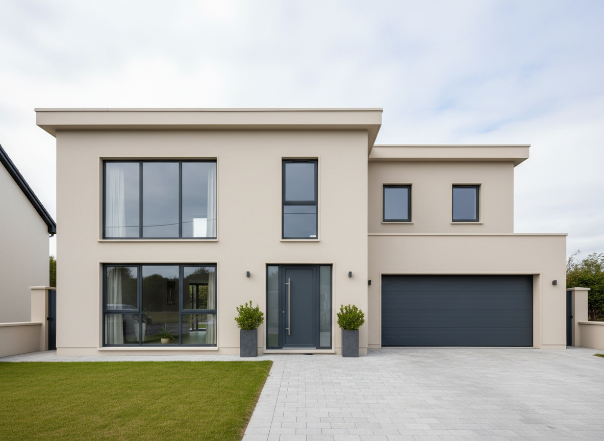 A clean, simple, modern house exterior representing a professional wall coating service in Ireland. Focus on a well-maintained, freshly coated front facade of a detached home with crisp lines and warm neutral wall colour, under bright but soft daylight. No people, no text, just the house and a bit of front garden or driveway, photographed in a realistic but uncluttered style.
